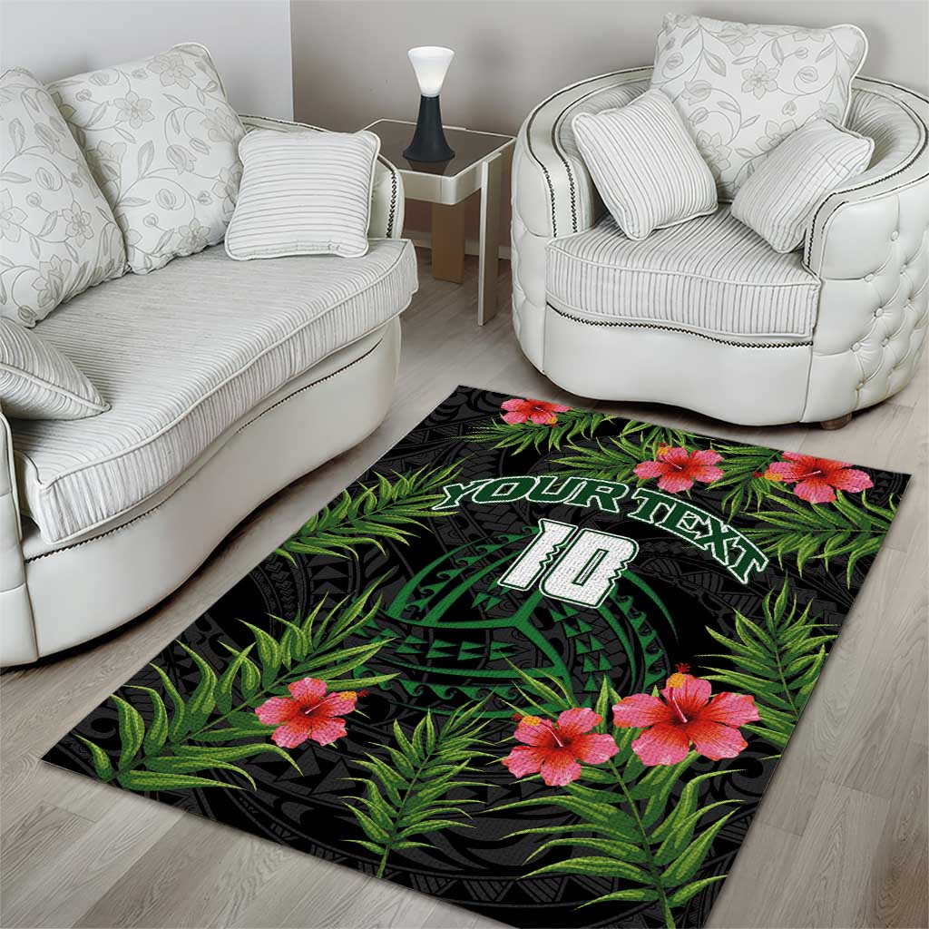 Custom Hawaii Volleyball Area Rug Kakau Abstract and Tropical Plants Black Color - Polynesian Pride
