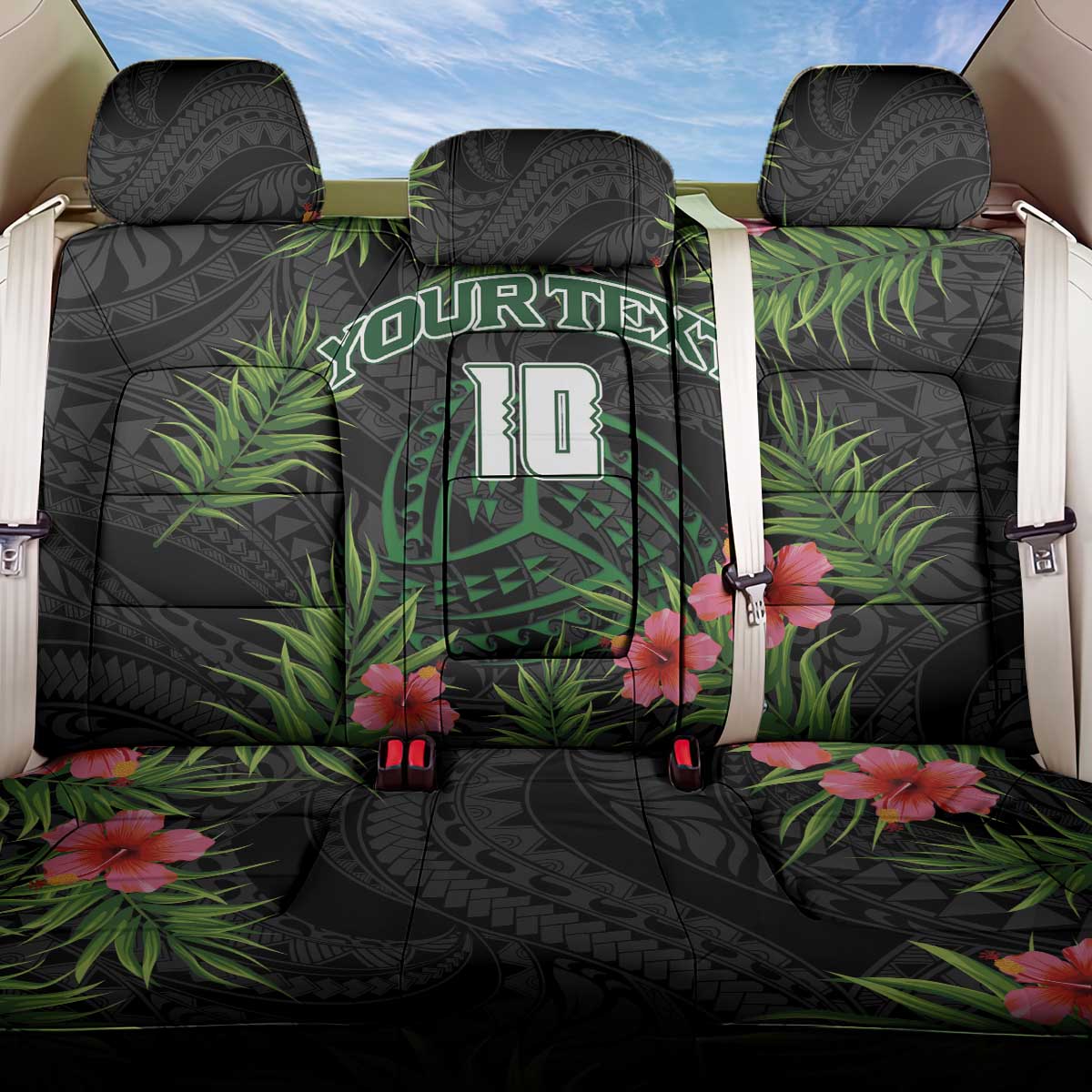 Custom Hawaii Volleyball Back Car Seat Cover Kakau Abstract and Tropical Plants Black Color - Polynesian Pride