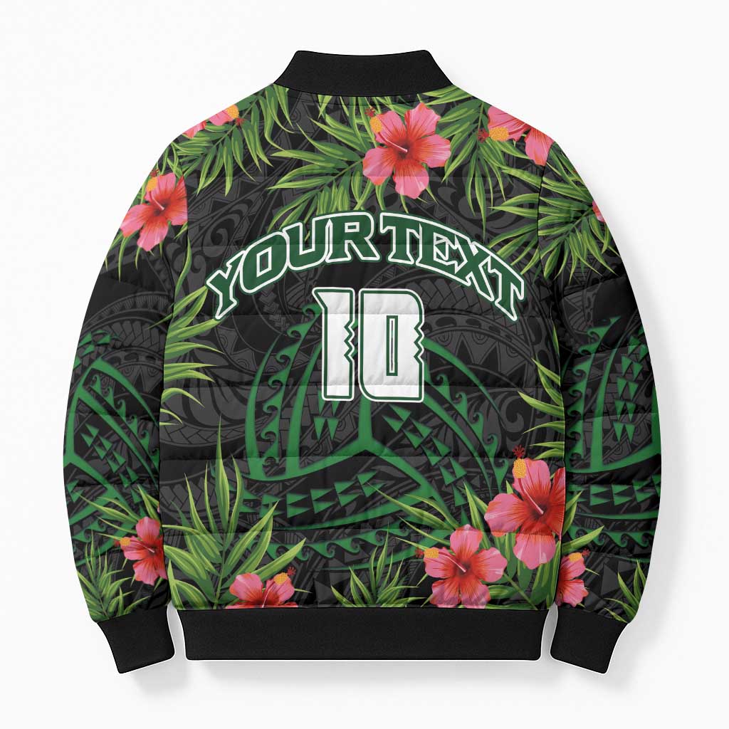 Custom Hawaii Volleyball Bomber Puffer Jacket Kakau Abstract and Tropical Plants Black Color - Polynesian Pride