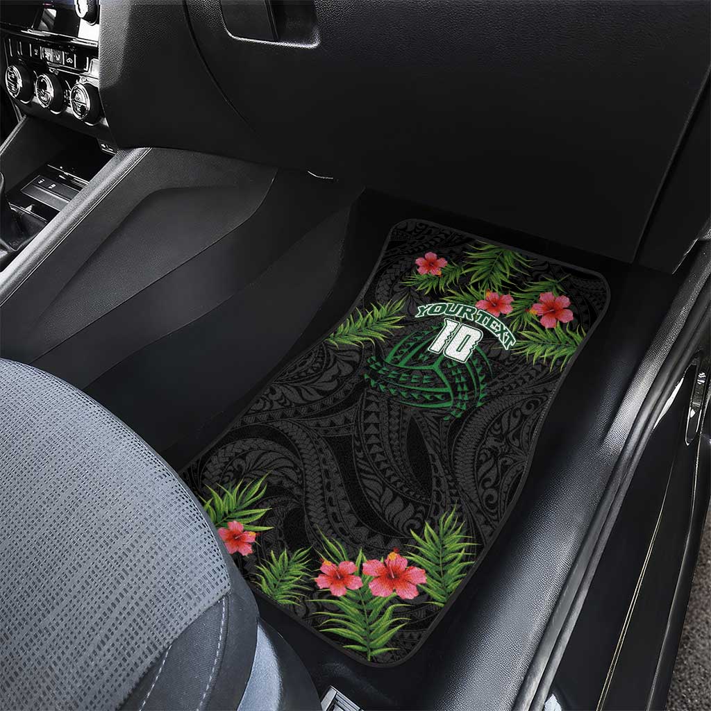 Custom Hawaii Volleyball Car Mats Kakau Abstract and Tropical Plants Black Color - Polynesian Pride