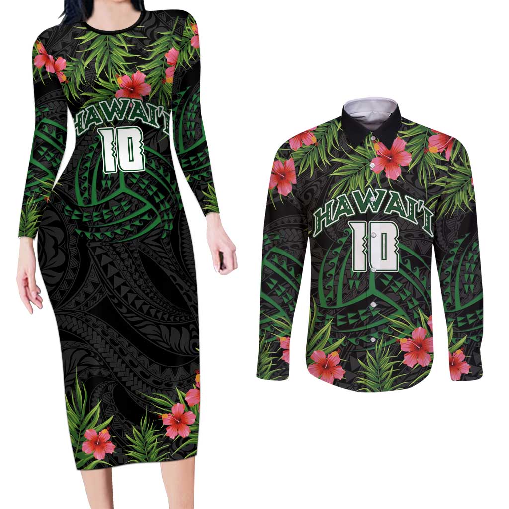 Custom Hawaii Volleyball Couples Matching Long Sleeve Bodycon Dress and Long Sleeve Button Shirt Kakau Abstract and Tropical Plants Black Color - Polynesian Pride