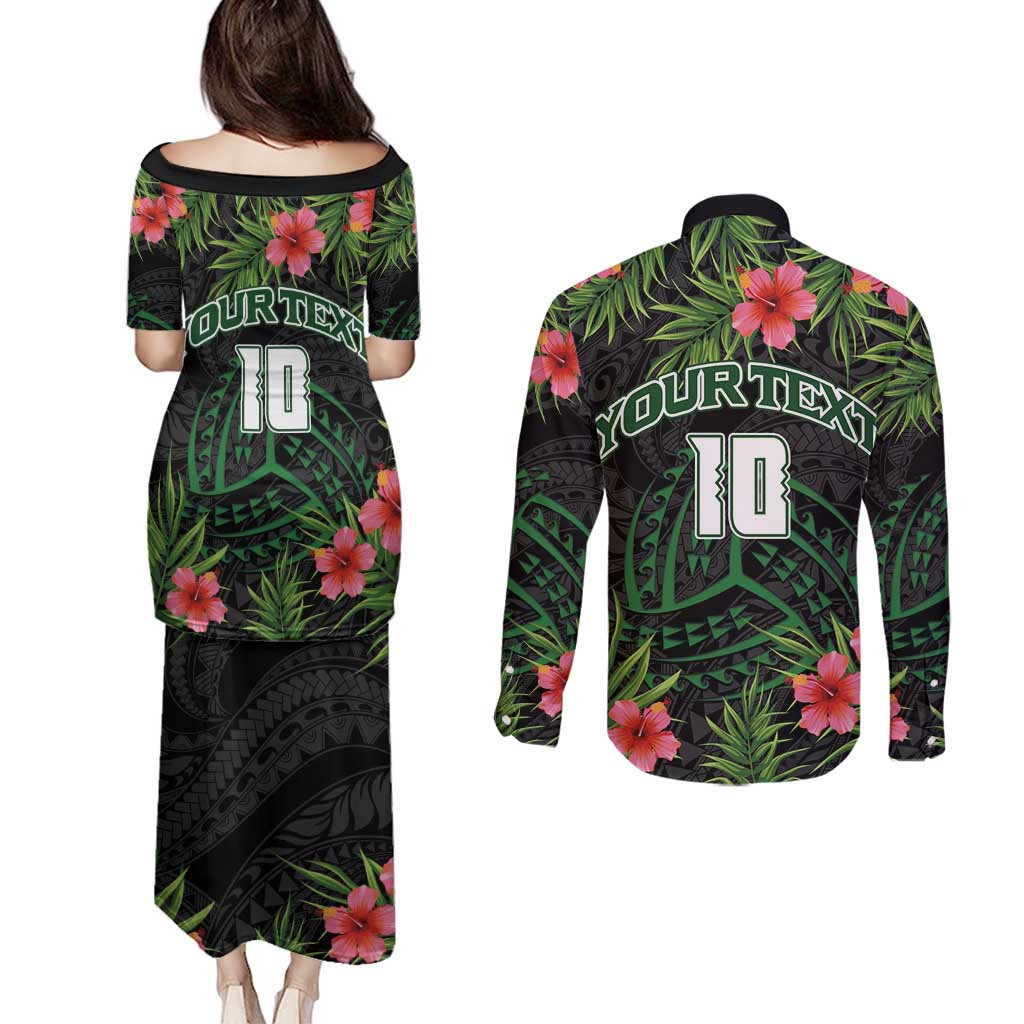Custom Hawaii Volleyball Couples Matching Puletasi and Long Sleeve Button Shirt Kakau Abstract and Tropical Plants Black Color - Polynesian Pride