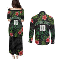 Custom Hawaii Volleyball Couples Matching Puletasi and Long Sleeve Button Shirt Kakau Abstract and Tropical Plants Black Color - Polynesian Pride