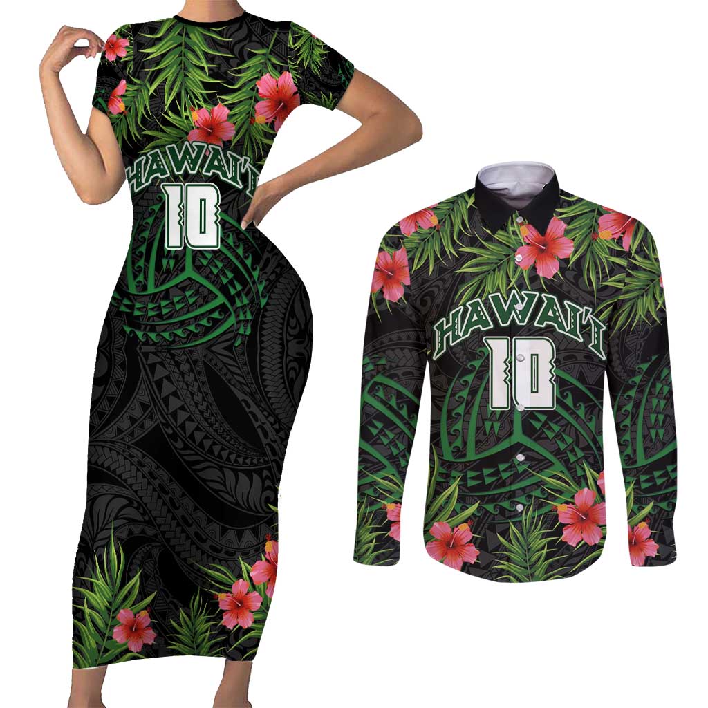 Custom Hawaii Volleyball Couples Matching Short Sleeve Bodycon Dress and Long Sleeve Button Shirt Kakau Abstract and Tropical Plants Black Color - Polynesian Pride