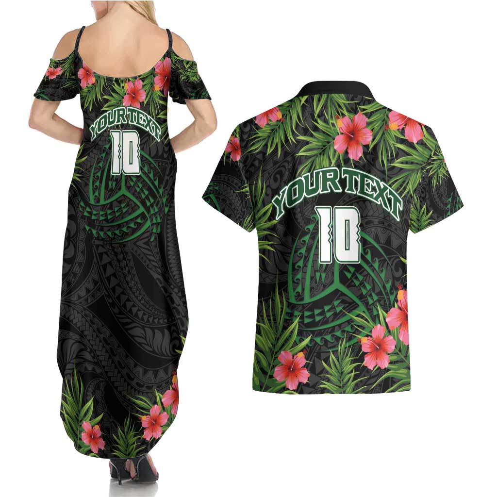 Custom Hawaii Volleyball Couples Matching Summer Maxi Dress and Hawaiian Shirt Kakau Abstract and Tropical Plants Black Color - Polynesian Pride
