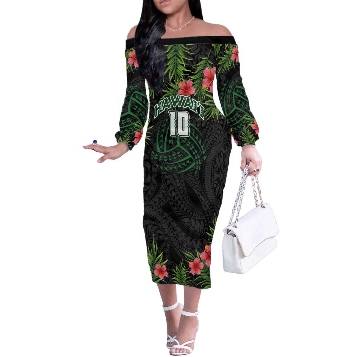 Custom Hawaii Volleyball Family Matching Off The Shoulder Long Sleeve Dress and Hawaiian Shirt Kakau Abstract and Tropical Plants Black Color - Polynesian Pride