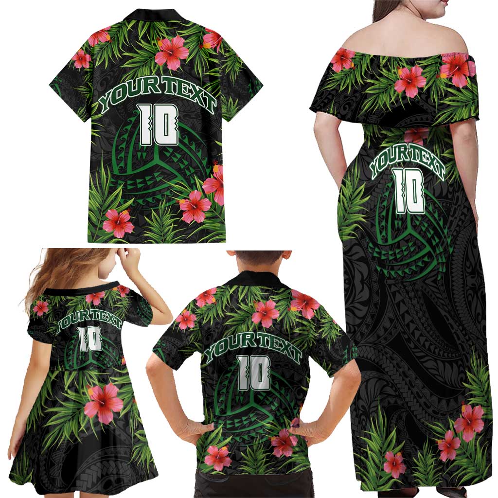 Custom Hawaii Volleyball Family Matching Off Shoulder Maxi Dress and Hawaiian Shirt Kakau Abstract and Tropical Plants Black Color - Polynesian Pride