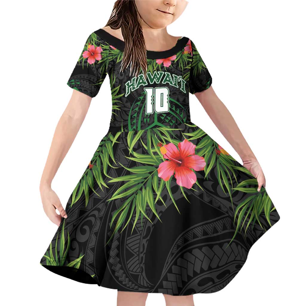 Custom Hawaii Volleyball Family Matching Off Shoulder Short Dress and Hawaiian Shirt Kakau Abstract and Tropical Plants Black Color - Polynesian Pride
