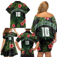 Custom Hawaii Volleyball Family Matching Off Shoulder Short Dress and Hawaiian Shirt Kakau Abstract and Tropical Plants Black Color - Polynesian Pride