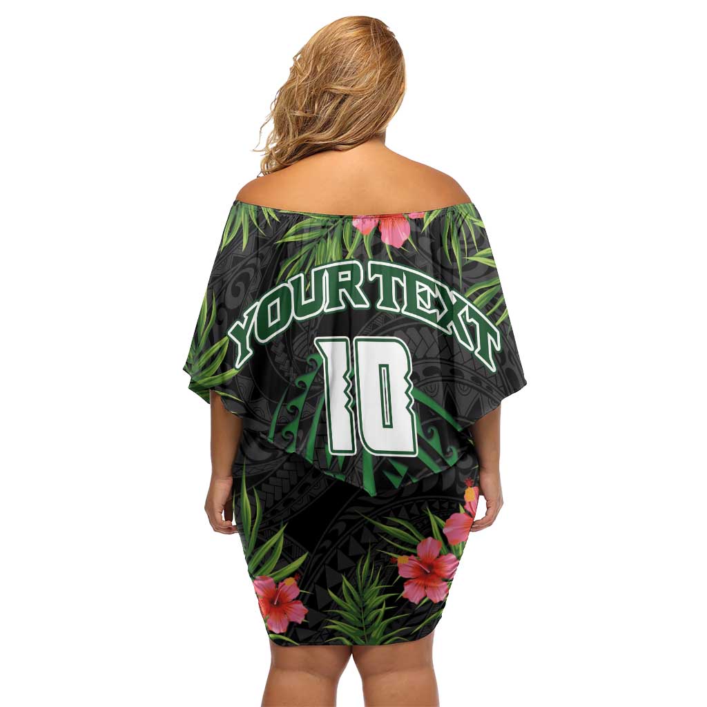 Custom Hawaii Volleyball Family Matching Off Shoulder Short Dress and Hawaiian Shirt Kakau Abstract and Tropical Plants Black Color - Polynesian Pride