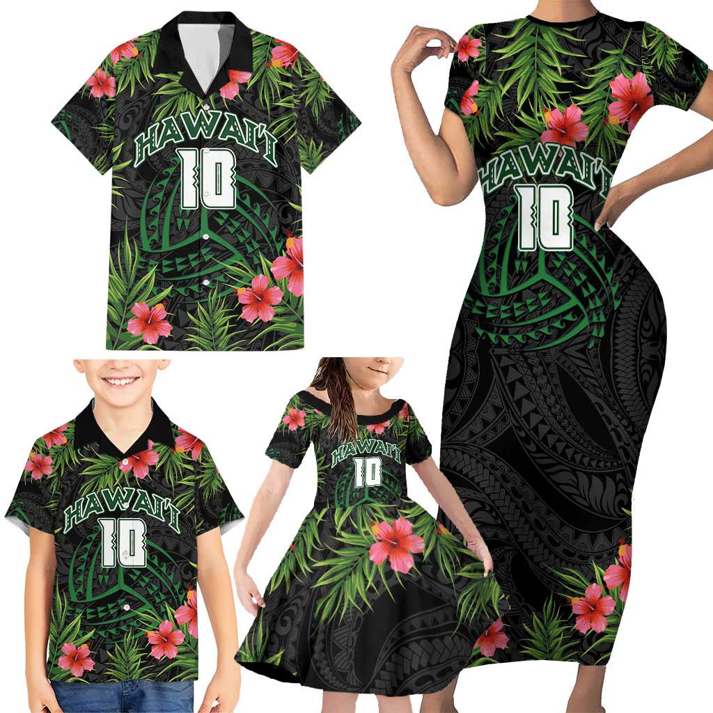 Custom Hawaii Volleyball Family Matching Short Sleeve Bodycon Dress and Hawaiian Shirt Kakau Abstract and Tropical Plants Black Color - Polynesian Pride