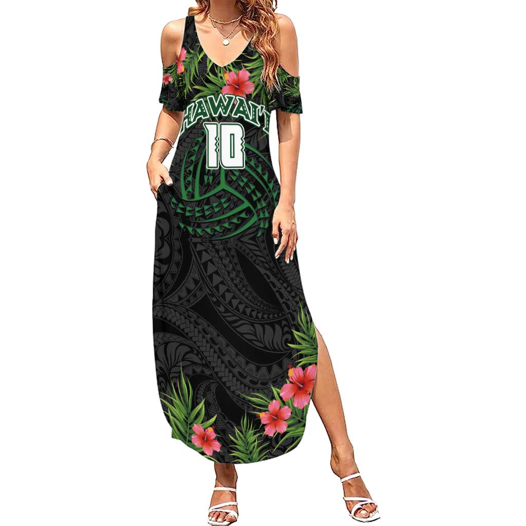 Custom Hawaii Volleyball Family Matching Summer Maxi Dress and Hawaiian Shirt Kakau Abstract and Tropical Plants Black Color - Polynesian Pride