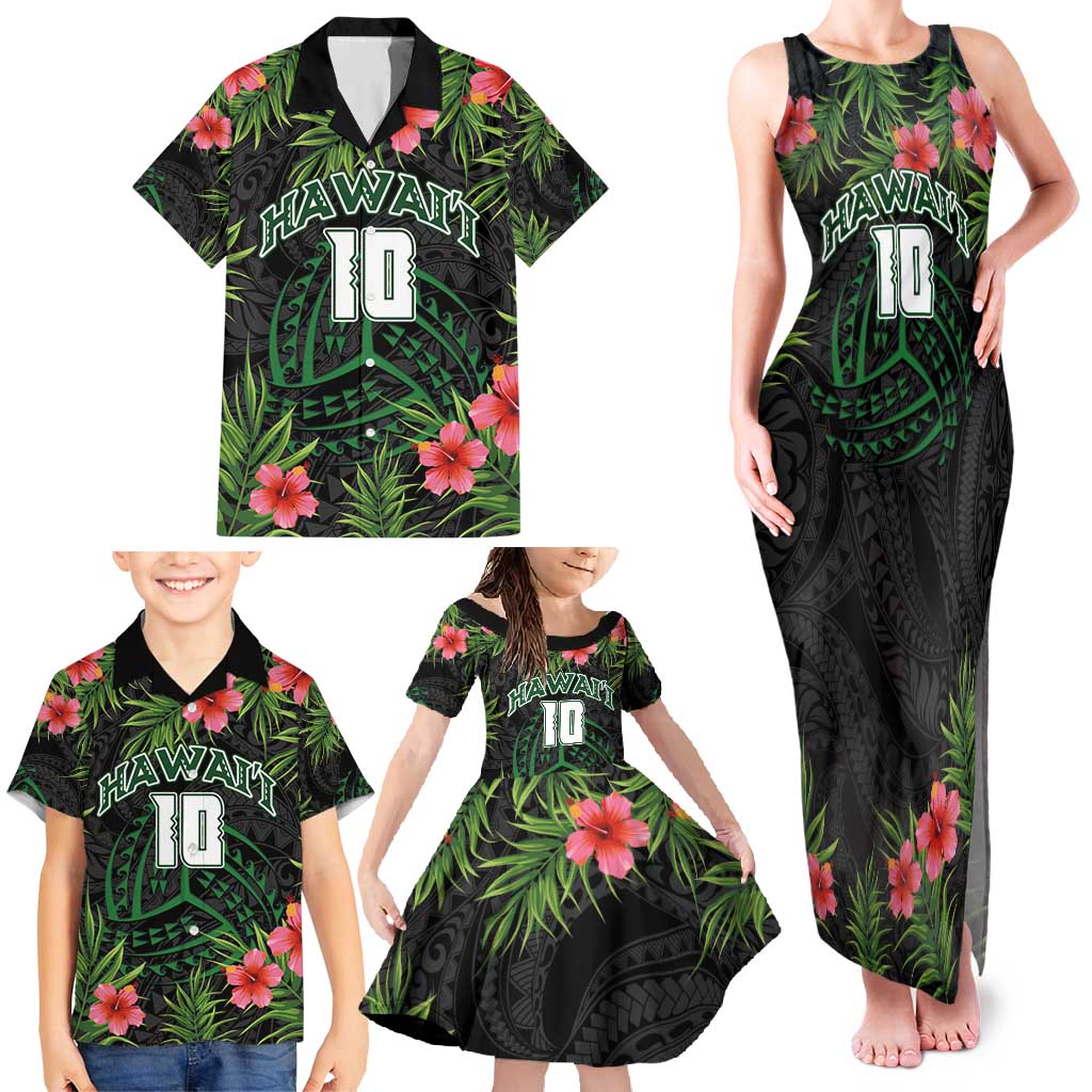 Custom Hawaii Volleyball Family Matching Tank Maxi Dress and Hawaiian Shirt Kakau Abstract and Tropical Plants Black Color - Polynesian Pride
