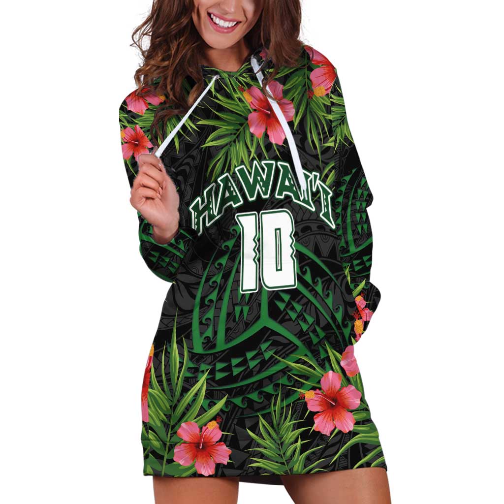 Custom Hawaii Volleyball Hoodie Dress Kakau Abstract and Tropical Plants Black Color - Polynesian Pride