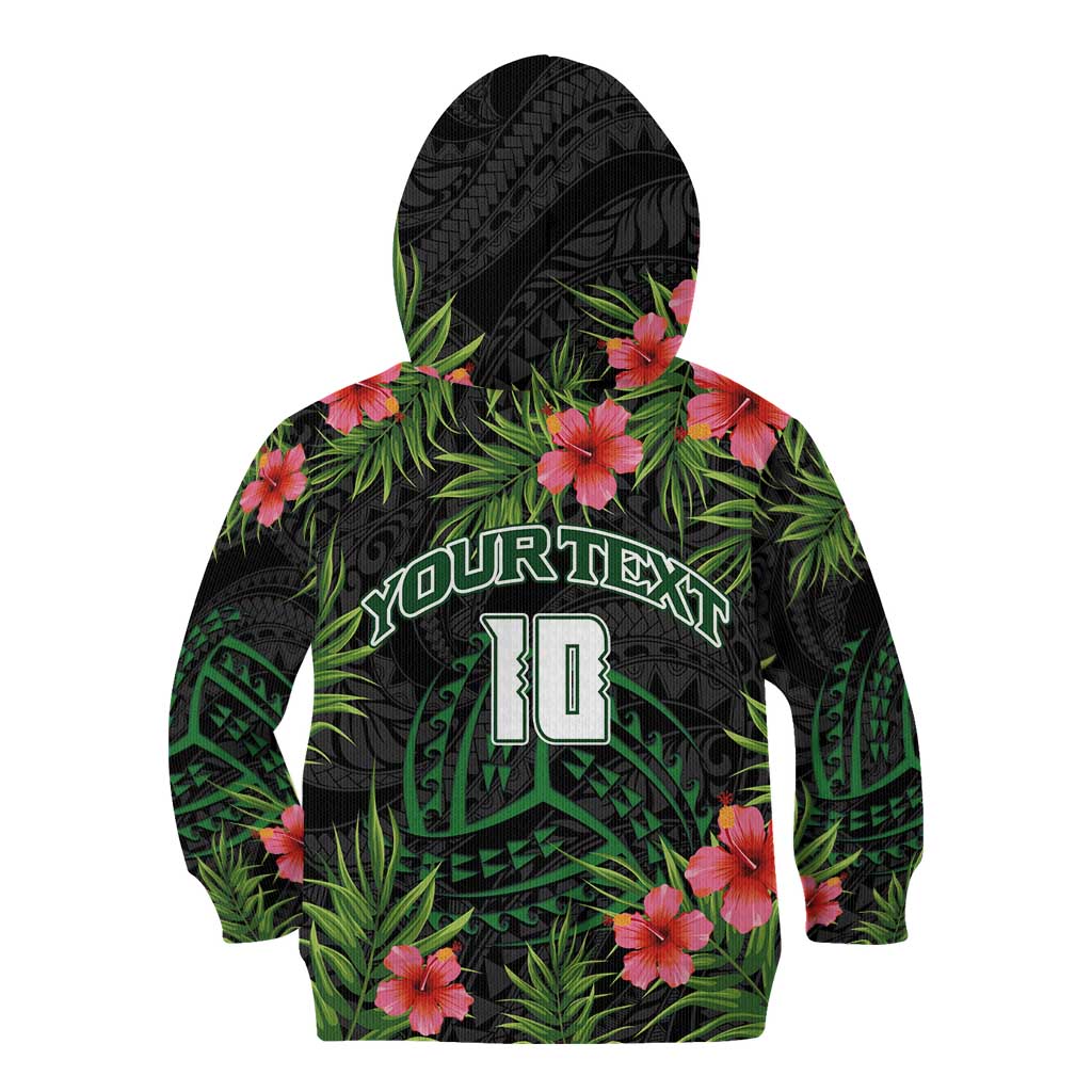 Custom Hawaii Volleyball Kid Hoodie Kakau Abstract and Tropical Plants Black Color - Polynesian Pride