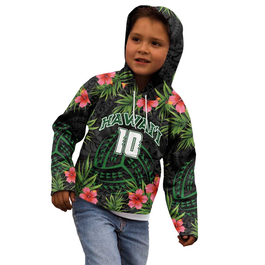 Custom Hawaii Volleyball Kid Hoodie Kakau Abstract and Tropical Plants Black Color - Polynesian Pride