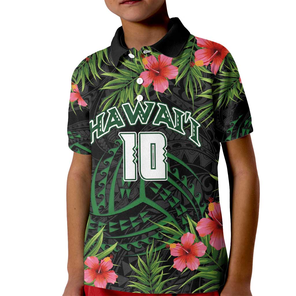Custom Hawaii Volleyball Kid Polo Shirt Kakau Abstract and Tropical Plants Black Color - Polynesian Pride