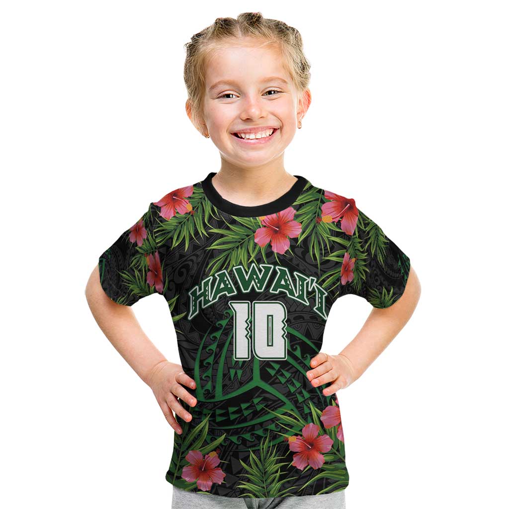 Custom Hawaii Volleyball Kid T Shirt Kakau Abstract and Tropical Plants Black Color - Polynesian Pride