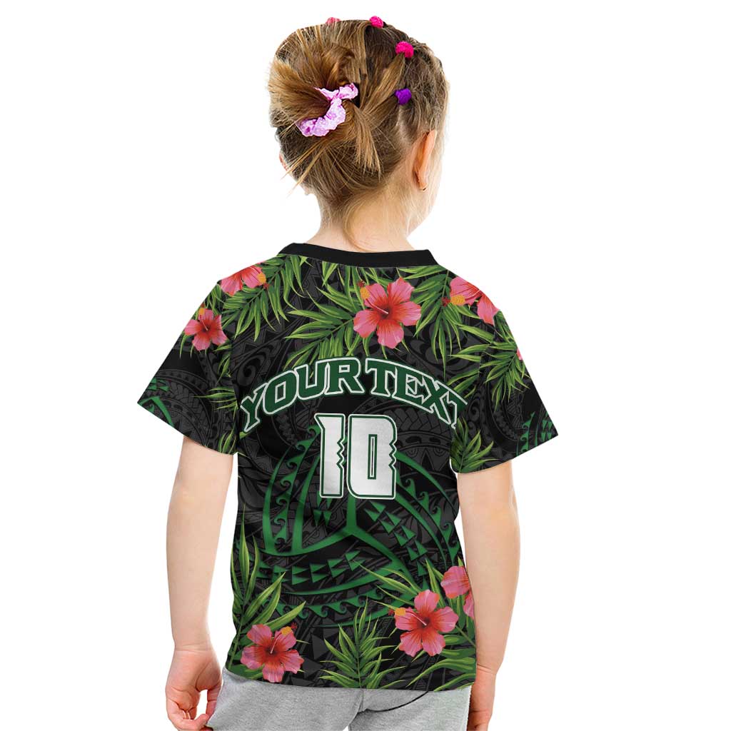 Custom Hawaii Volleyball Kid T Shirt Kakau Abstract and Tropical Plants Black Color - Polynesian Pride