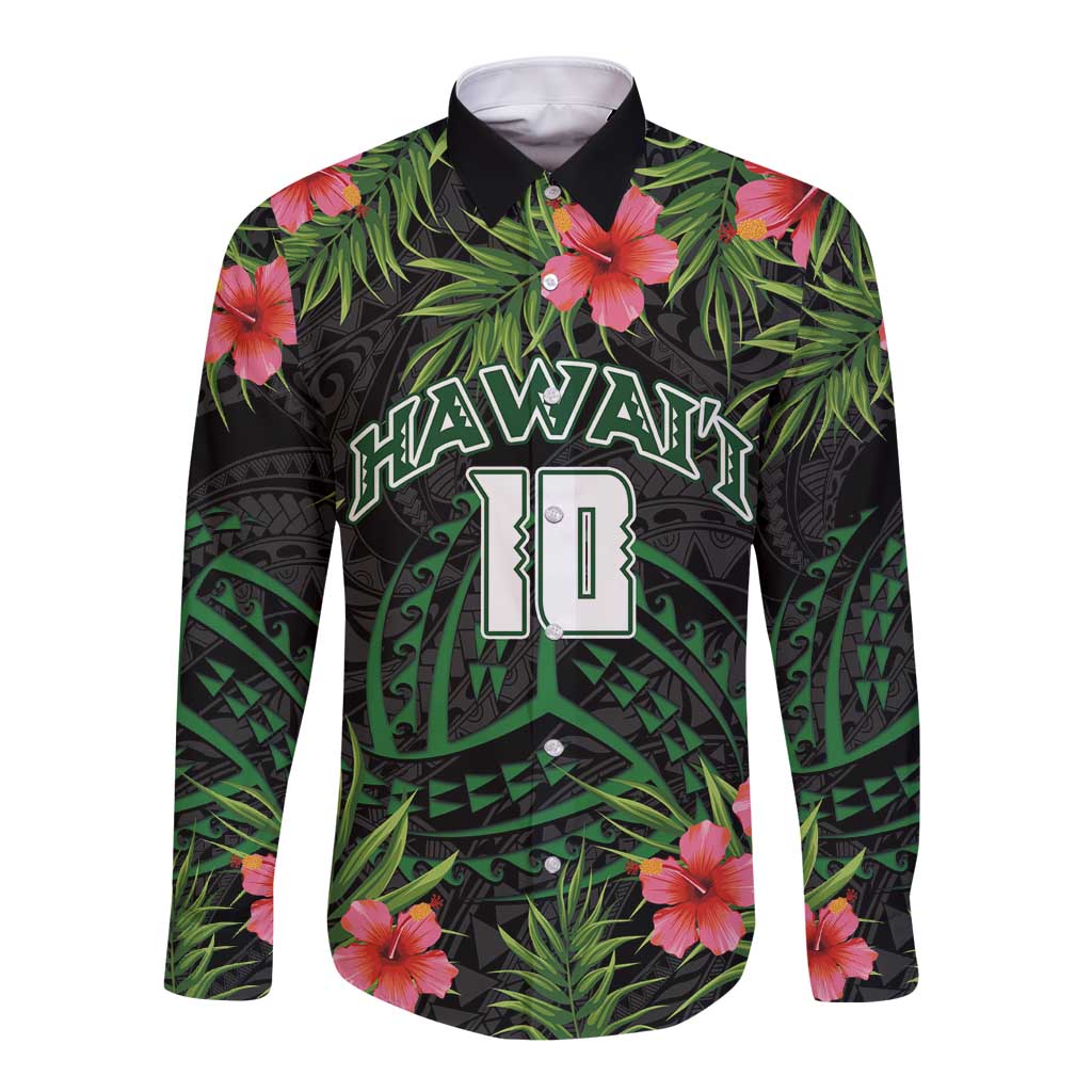 Custom Hawaii Volleyball Long Sleeve Button Shirt Kakau Abstract and Tropical Plants Black Color - Polynesian Pride