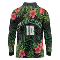 Custom Hawaii Volleyball Long Sleeve Polo Shirt Kakau Abstract and Tropical Plants Black Color - Polynesian Pride