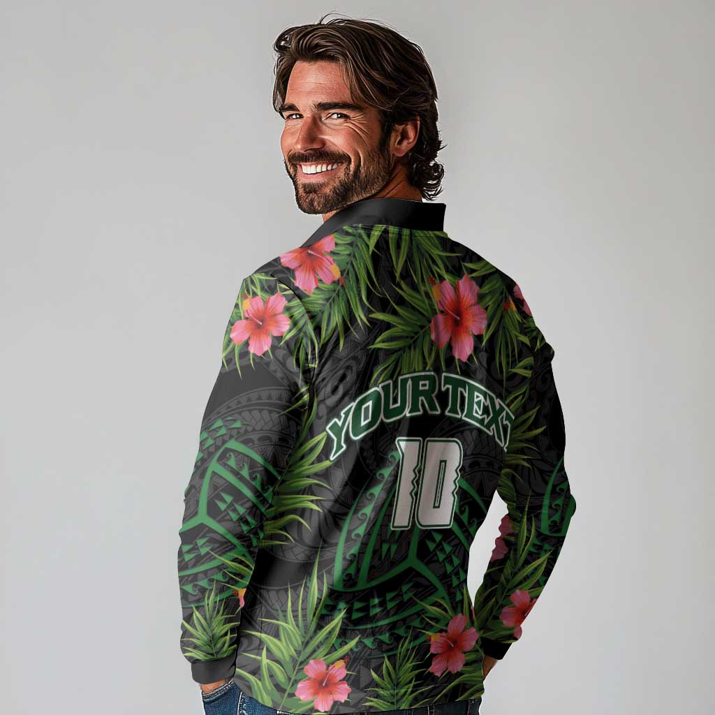 Custom Hawaii Volleyball Long Sleeve Polo Shirt Kakau Abstract and Tropical Plants Black Color - Polynesian Pride