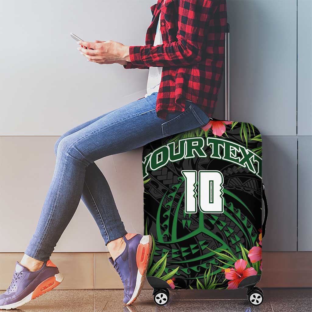 Custom Hawaii Volleyball Luggage Cover Kakau Abstract and Tropical Plants Black Color - Polynesian Pride