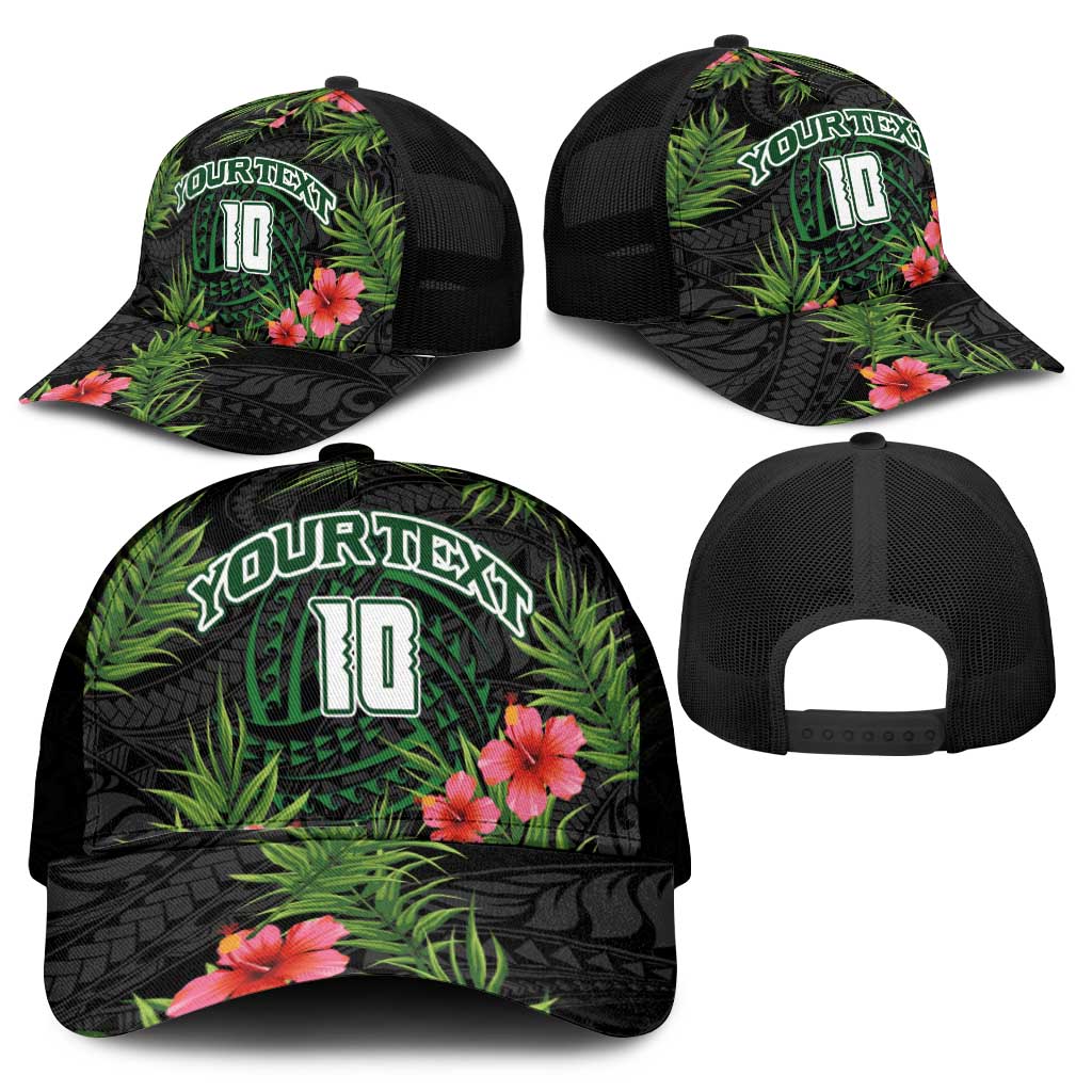 Custom Hawaii Volleyball Mesh Trucker Cap Kakau Abstract and Tropical Plants Black Color - Polynesian Pride