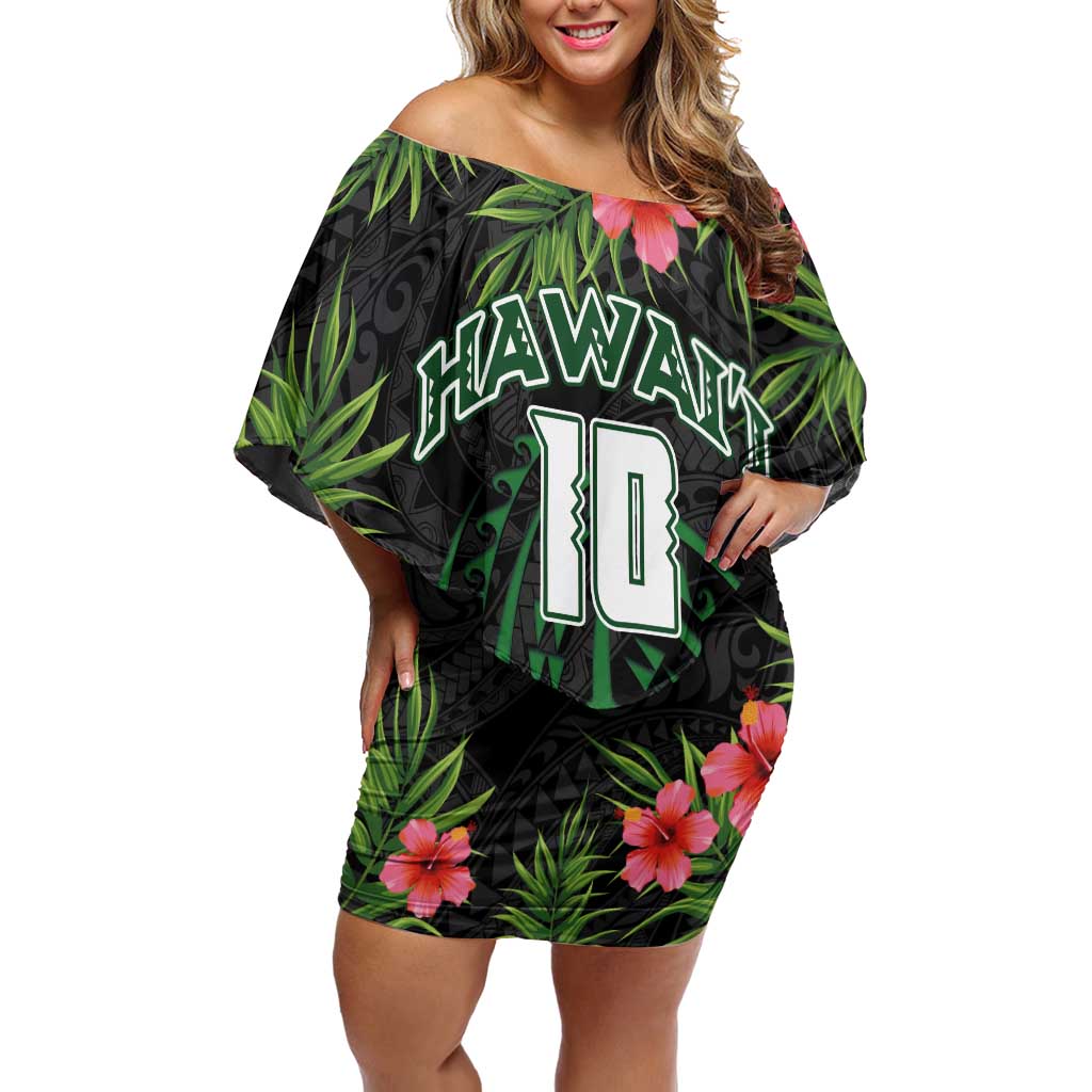 Custom Hawaii Volleyball Off Shoulder Short Dress Kakau Abstract and Tropical Plants Black Color - Polynesian Pride