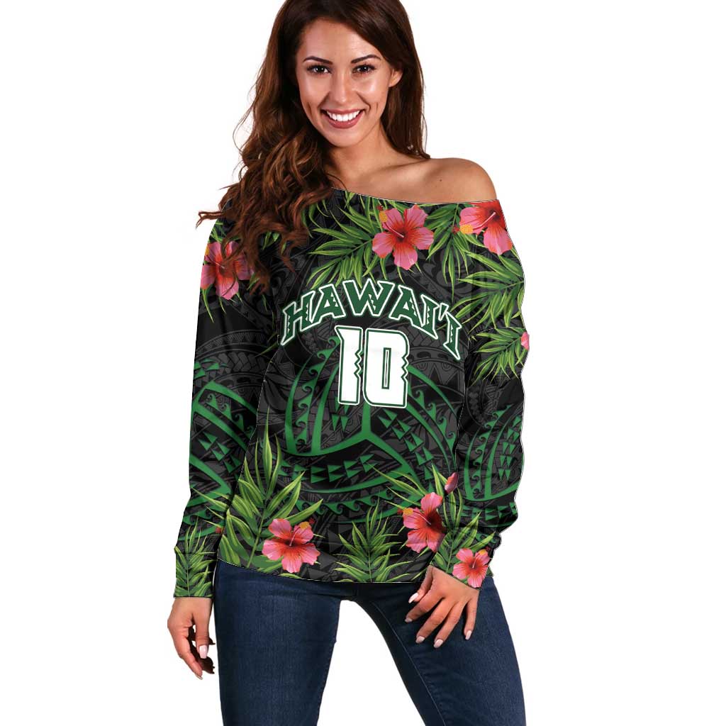 Custom Hawaii Volleyball Off Shoulder Sweater Kakau Abstract and Tropical Plants Black Color - Polynesian Pride