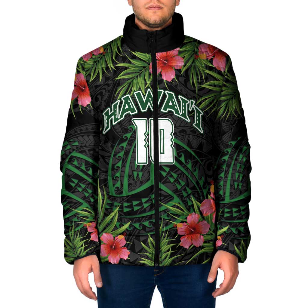Custom Hawaii Volleyball Padded Jacket Kakau Abstract and Tropical Plants Black Color - Polynesian Pride