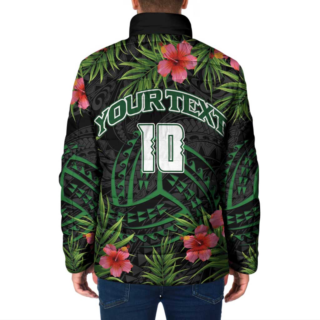 Custom Hawaii Volleyball Padded Jacket Kakau Abstract and Tropical Plants Black Color - Polynesian Pride