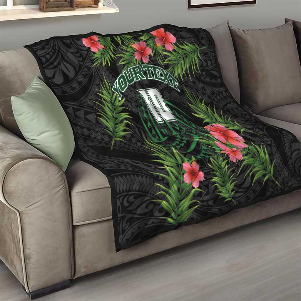 Custom Hawaii Volleyball Quilt Kakau Abstract and Tropical Plants Black Color - Polynesian Pride