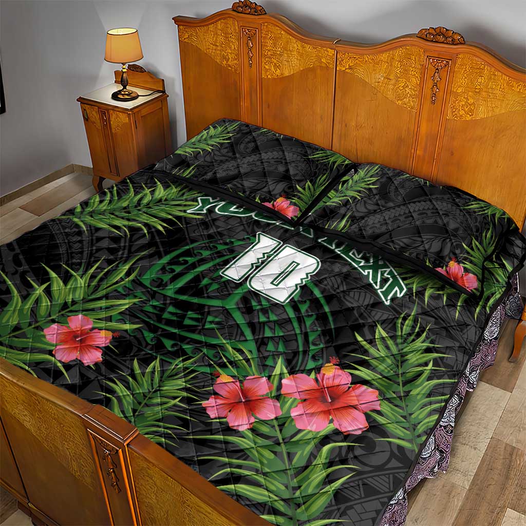 Custom Hawaii Volleyball Quilt Bed Set Kakau Abstract and Tropical Plants Black Color - Polynesian Pride
