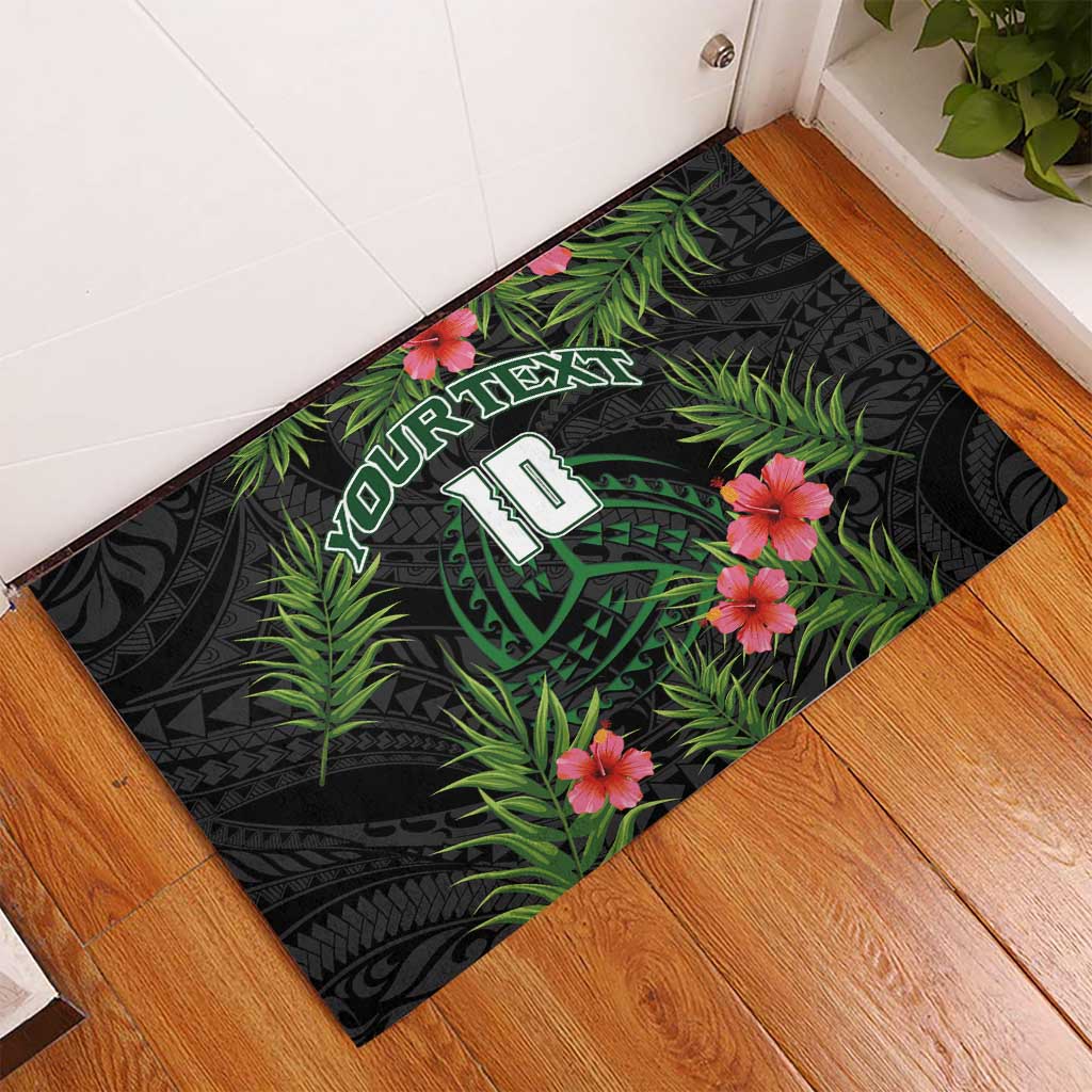 Custom Hawaii Volleyball Rubber Doormat Kakau Abstract and Tropical Plants Black Color - Polynesian Pride