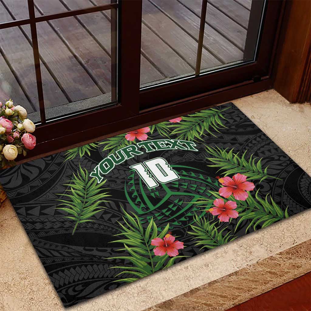 Custom Hawaii Volleyball Rubber Doormat Kakau Abstract and Tropical Plants Black Color - Polynesian Pride
