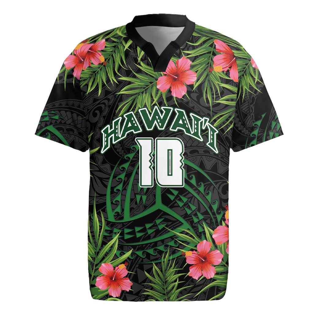 Custom Hawaii Volleyball Rugby Jersey Kakau Abstract and Tropical Plants Black Color - Polynesian Pride