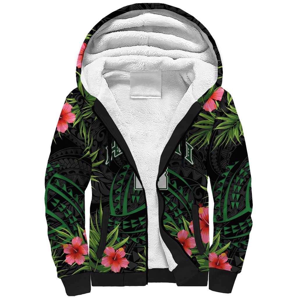 Custom Hawaii Volleyball Sherpa Hoodie Kakau Abstract and Tropical Plants Black Color - Polynesian Pride