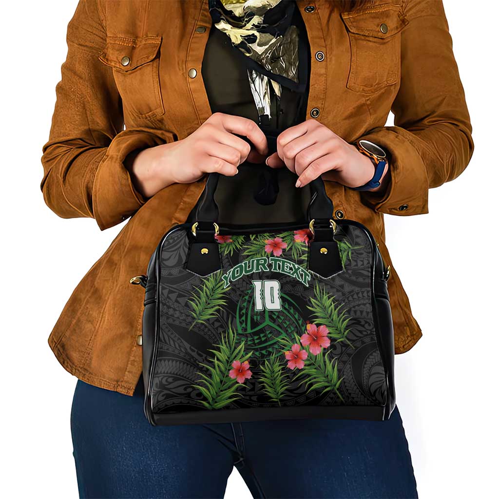 Custom Hawaii Volleyball Shoulder Handbag Kakau Abstract and Tropical Plants Black Color - Polynesian Pride