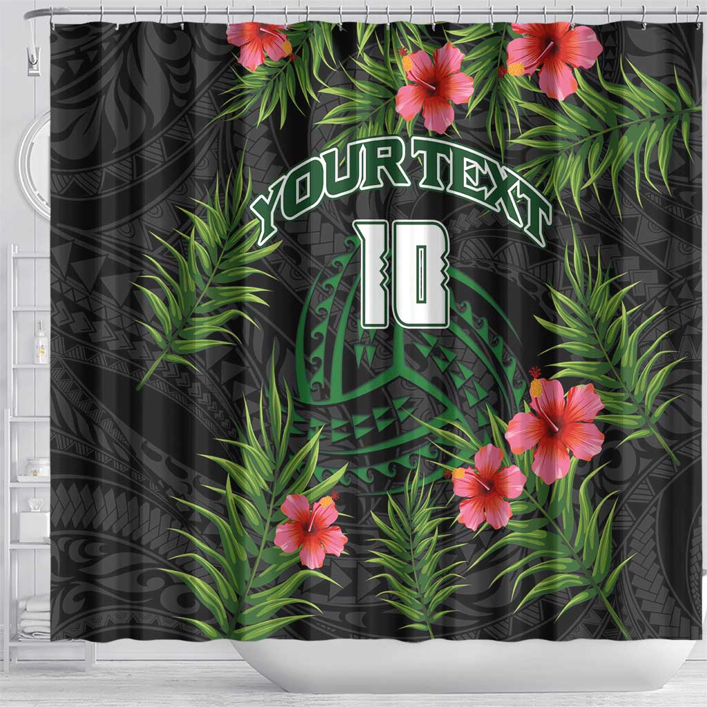 Custom Hawaii Volleyball Shower Curtain Kakau Abstract and Tropical Plants Black Color - Polynesian Pride