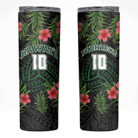 Custom Hawaii Volleyball Skinny Tumbler Kakau Abstract and Tropical Plants Black Color - Polynesian Pride