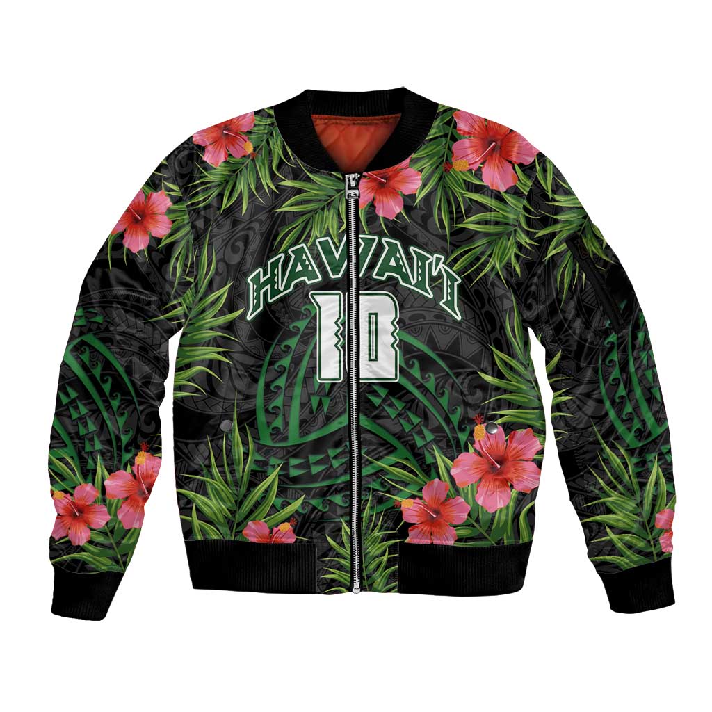 Custom Hawaii Volleyball Sleeve Zip Bomber Jacket Kakau Abstract and Tropical Plants Black Color - Polynesian Pride