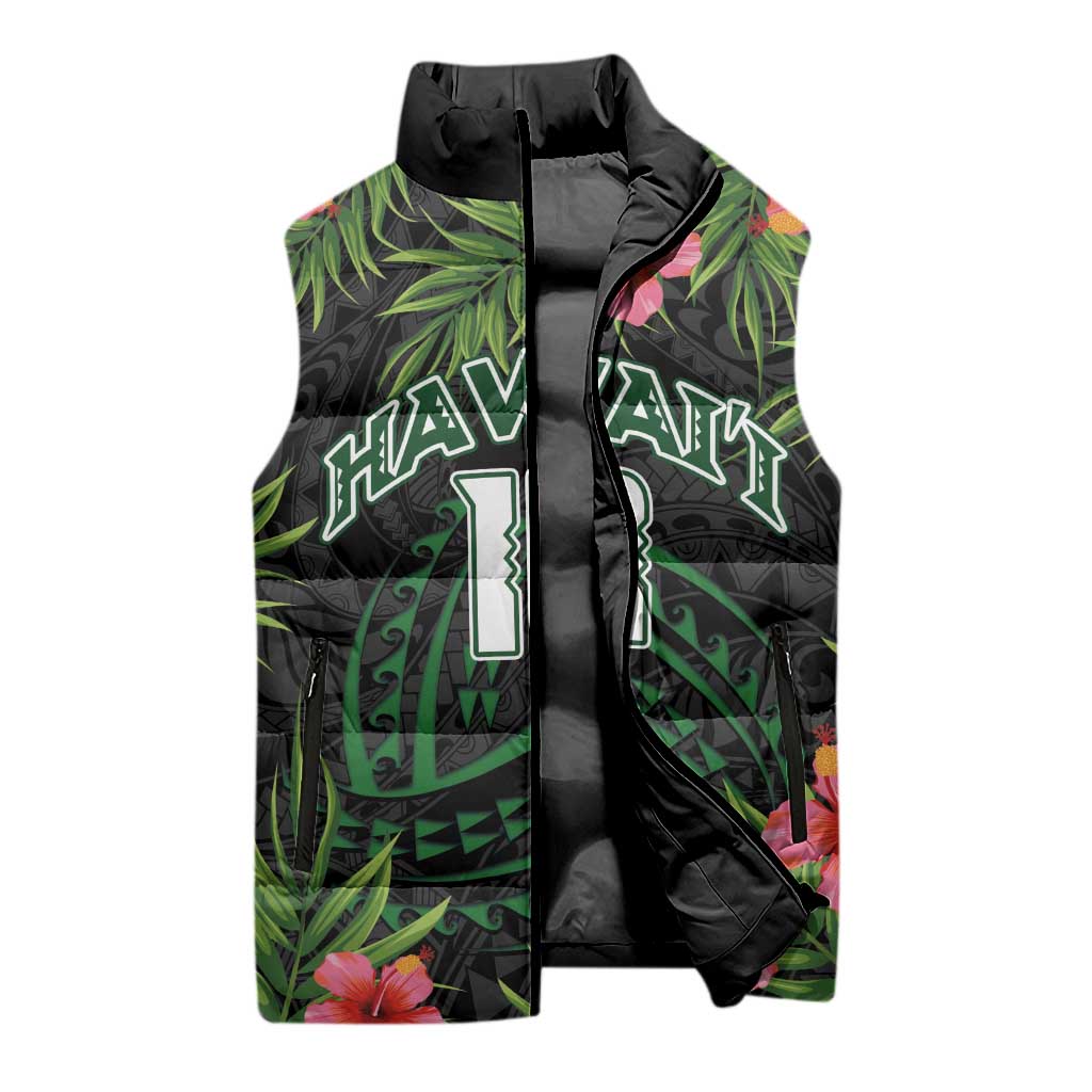 Custom Hawaii Volleyball Sleeveless Puffer Jacket Kakau Abstract and Tropical Plants Black Color - Polynesian Pride