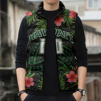 Custom Hawaii Volleyball Sleeveless Puffer Jacket Kakau Abstract and Tropical Plants Black Color - Polynesian Pride