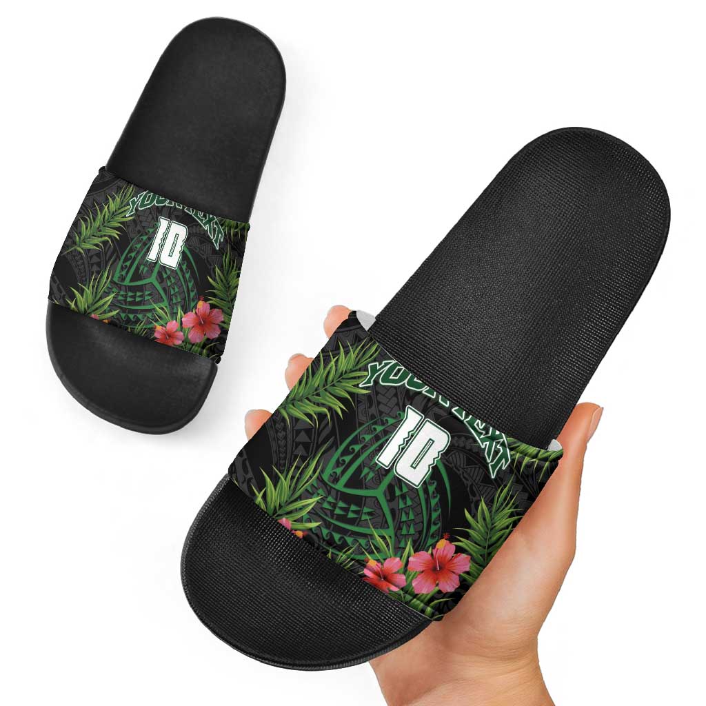 Custom Hawaii Volleyball Slide Sandals Kakau Abstract and Tropical Plants Black Color - Polynesian Pride