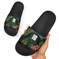 Custom Hawaii Volleyball Slide Sandals Kakau Abstract and Tropical Plants Black Color - Polynesian Pride