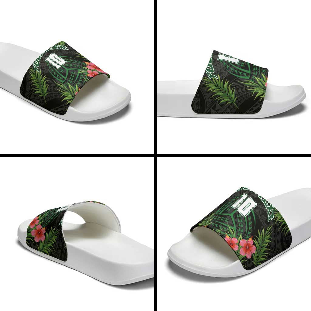 Custom Hawaii Volleyball Slide Sandals Kakau Abstract and Tropical Plants Black Color - Polynesian Pride