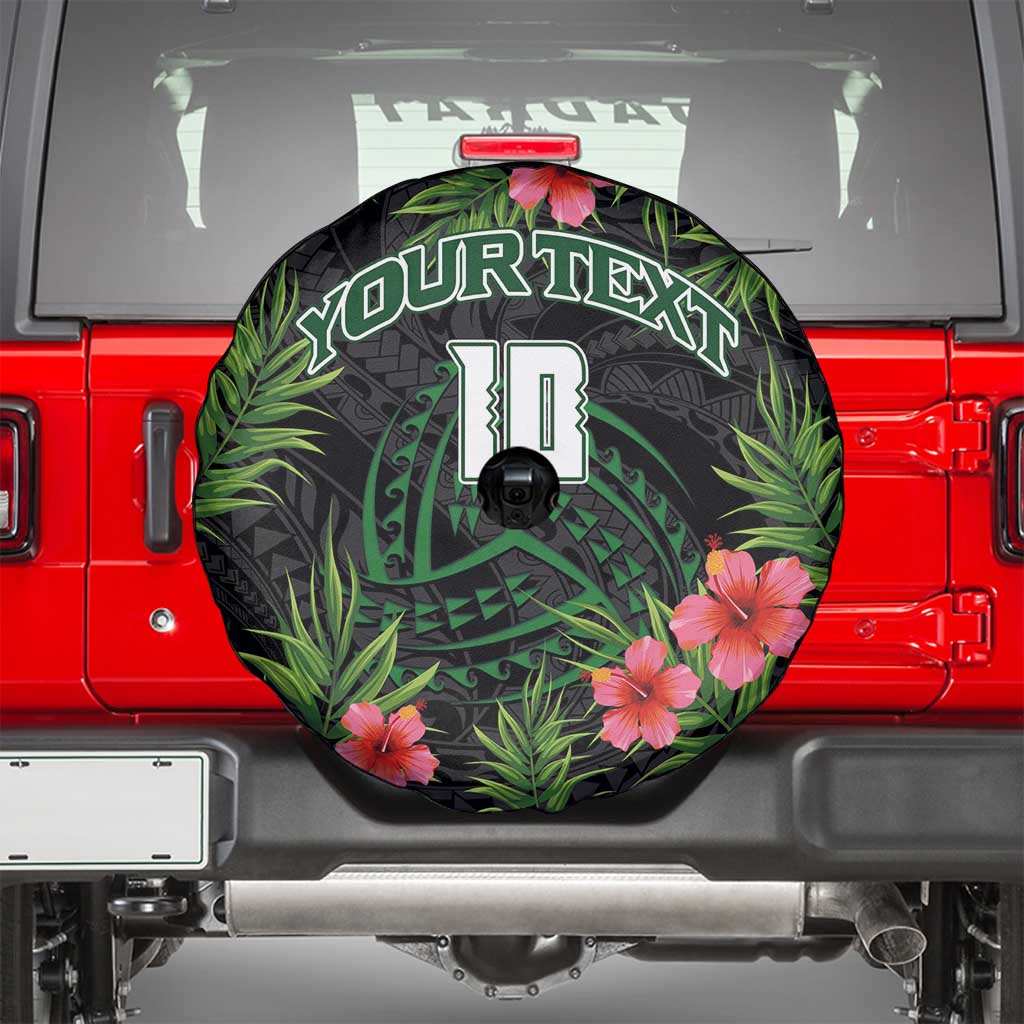 Custom Hawaii Volleyball Spare Tire Cover Kakau Abstract and Tropical Plants Black Color - Polynesian Pride