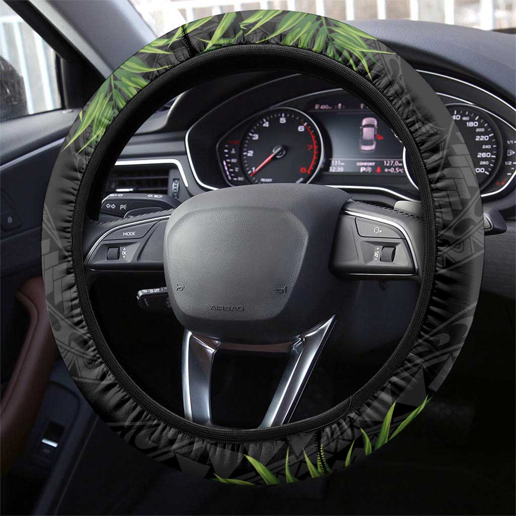 Hawaii Volleyball Steering Wheel Cover Kakau Abstract and Tropical Plants Black Color - Polynesian Pride
