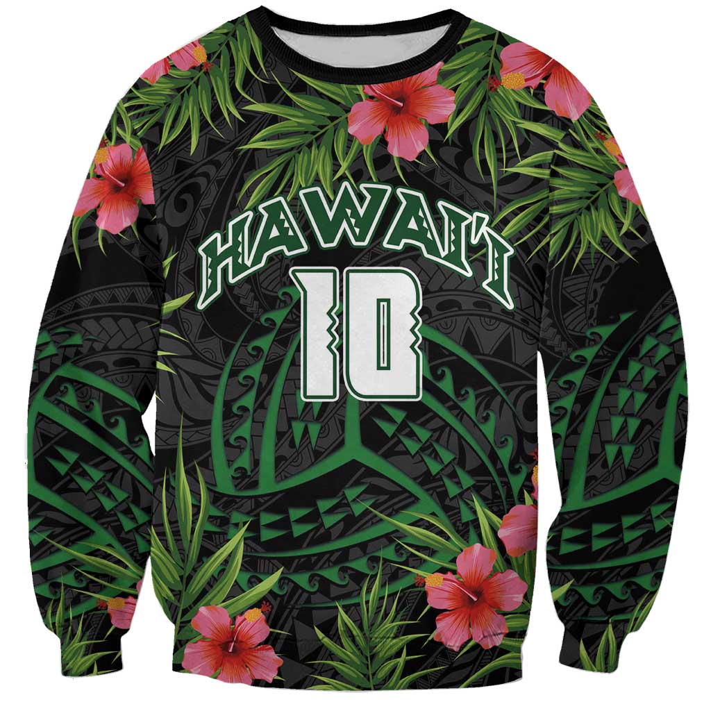 Custom Hawaii Volleyball Sweatshirt Kakau Abstract and Tropical Plants Black Color - Polynesian Pride